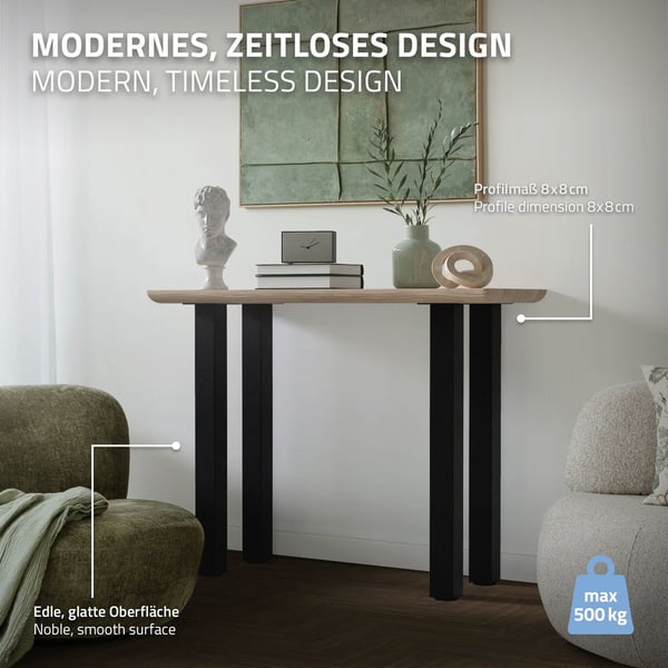 ML-Design sæt med 4 bordben I-Design 90 cm, blank sort, pulverlakeret stål, kantet, profil 8x8 cm, højdejusterbare møbelben 1-4 cm, møbelben til