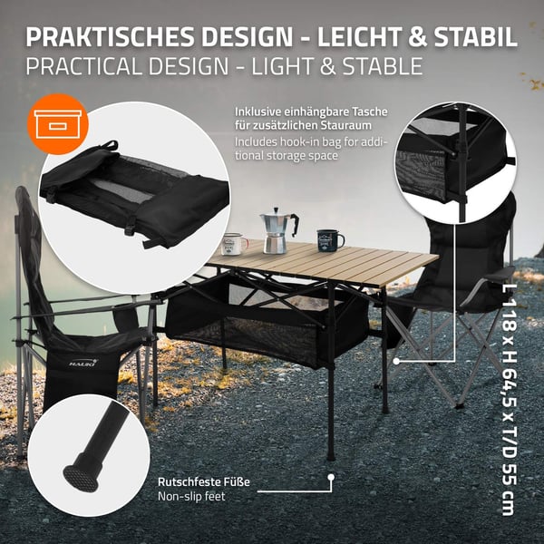 Hauki campingmöbel set 3 st. campingbord hopfällbart beige med 2 campingstolar svart, camping set för 2 personer med bärväska, hopfällbart