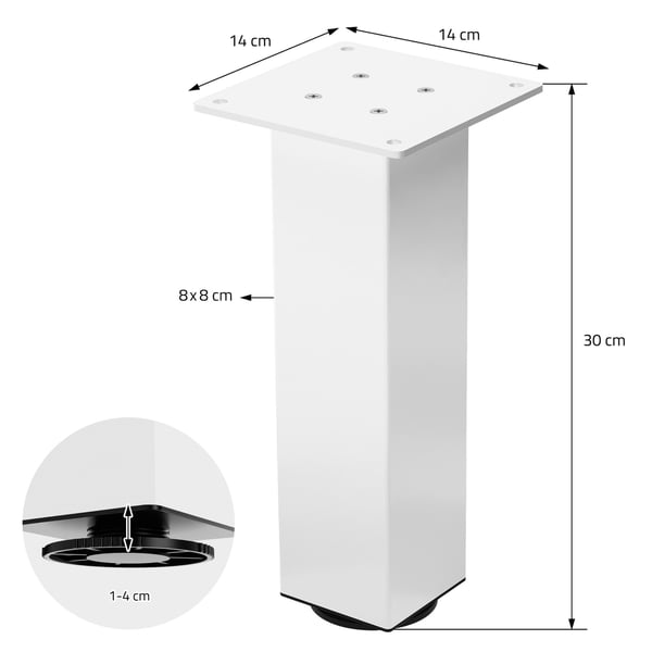 ML-Design sæt med 4 bordben I-Design 30 cm, blank hvid, af pulverlakeret stål, kantet, profil 8x8 cm, højdejusterbare møbelben 1-4 cm, møbelben til