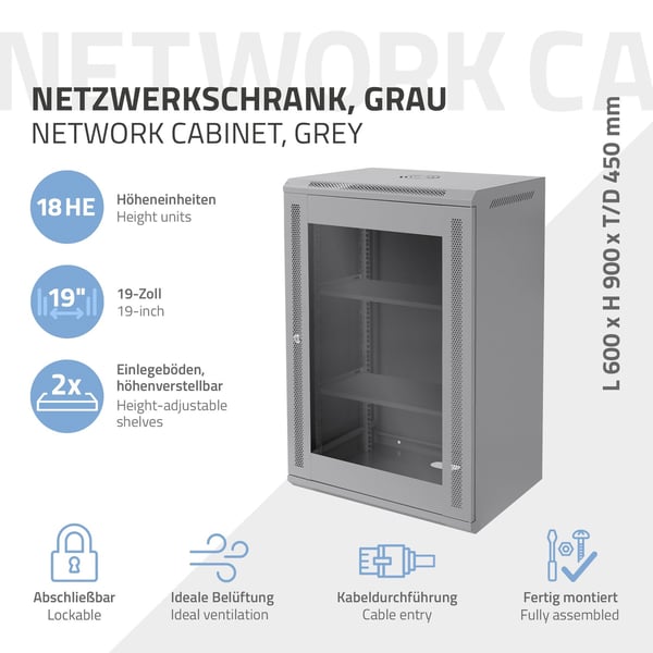 ECD Germany Netværksskab 18 U, serverskab 19 tommer, grå, vægmontering, 450 mm dybde, 600 x 900 x 450 mm, færdigmonteret, serverhus med låsbar