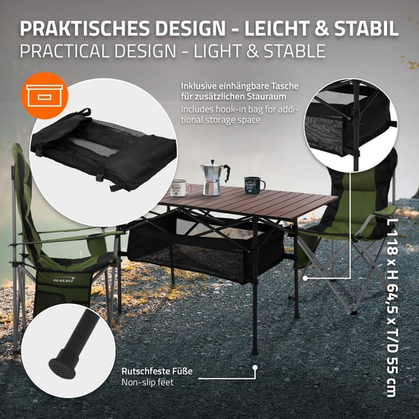 Hauki campingmøbelsæt 3 stk. campingbord foldbart brunt med 2 campingstole sort, campingsæt til 2 personer med bæretaske, aluminiumsfoldebord med 2