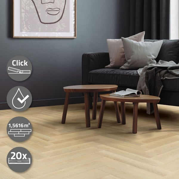 ML-Design Deluxe PVC-gulv, klikvinylplanker, vinylgulv, 61cmx12,8cmx4,2 mm, tykkelse 4,2mm, 1,56m²/20 planker, sildeben naturlig eg, brun, trælook,
