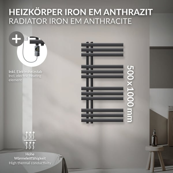 LuxeBath elektrisk badeværelsesradiator Iron EM 500x1000mm antracit + varmeelement 300W termostat digitalt display, håndklæderadiator med