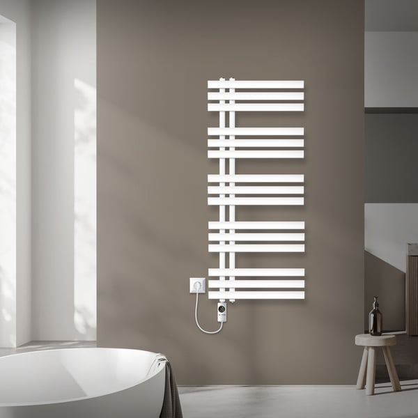 LuxeBath elektrisk badeværelsesradiator Iron EM 500x1200 mm hvid med varmeelement 1200W termostat digitalt display, håndklæderadiator med