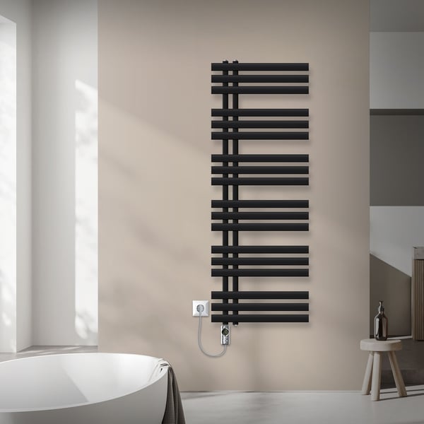LuxeBath elektrisk badeværelsesradiator Iron EM 500x1400 mm sort med varmeelement krom 1200W termostat digitalt display, håndklæderadiator med