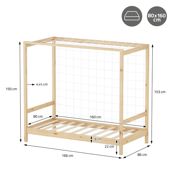 ML-Design børneseng fodboldmål 80x160 cm, natur, enkeltseng til børn, træseng med lamelbund & målnet, ungdomsseng af fyrretræ, sengeramme til