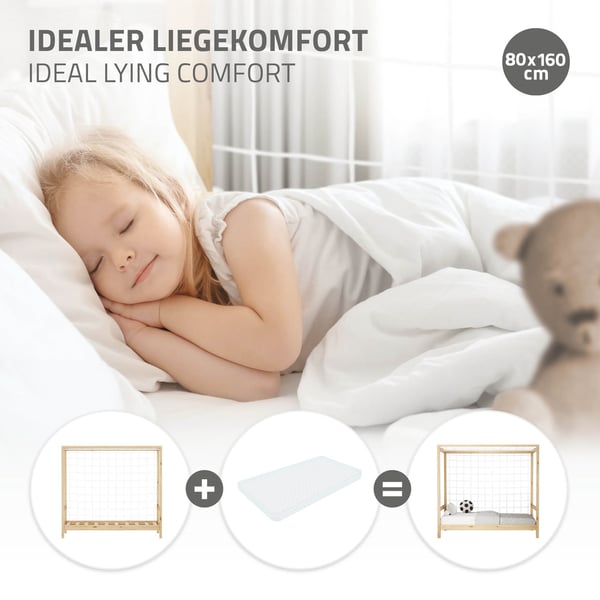 ML-Design børneseng fodboldmål 80x160 cm, natur, enkeltseng til børn, træseng med lamelbund & målnet, ungdomsseng af fyrretræ, sengeramme til
