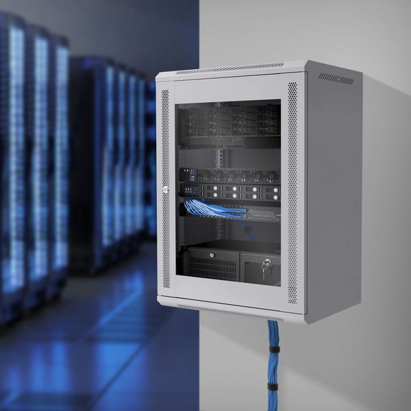 ECD Germany Netværksskab 16 U, serverskab 19 tommer, grå, vægmontering, 450 mm dybde, 600 x 850 x 450 mm, færdigmonteret, serverhus med låsbar