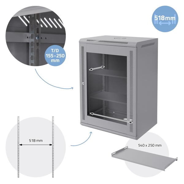 ECD Germany Netværksskab 16 U, serverskab 19 tommer, grå, vægmontering, 450 mm dybde, 600 x 850 x 450 mm, færdigmonteret, serverhus med låsbar