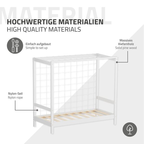 ML-Design børneseng fodboldmål 70x140 cm, hvid, enkeltseng til børn, træseng med lamelbund & målnet, ungdomsseng af fyrretræ, sengeramme til