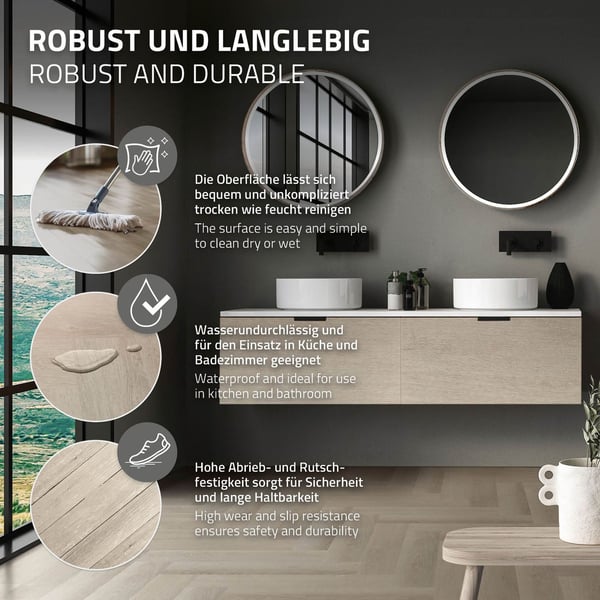 ML-Design Deluxe PVC-gulv, klikvinylplanker vinylgulv, 61cmx12,8cmx4,2mm, tykkelse 4,2mm, 6,24m²/80 planker, sildeben lys eg, brun, trælook,