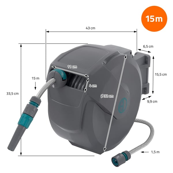 ECD Germany Slangetromle 15m+1,5m, slangetromle, vægmonteret slangeboks RollUp med låsestop og 9 sprøjtefunktioner, 180° drejelig, automatisk