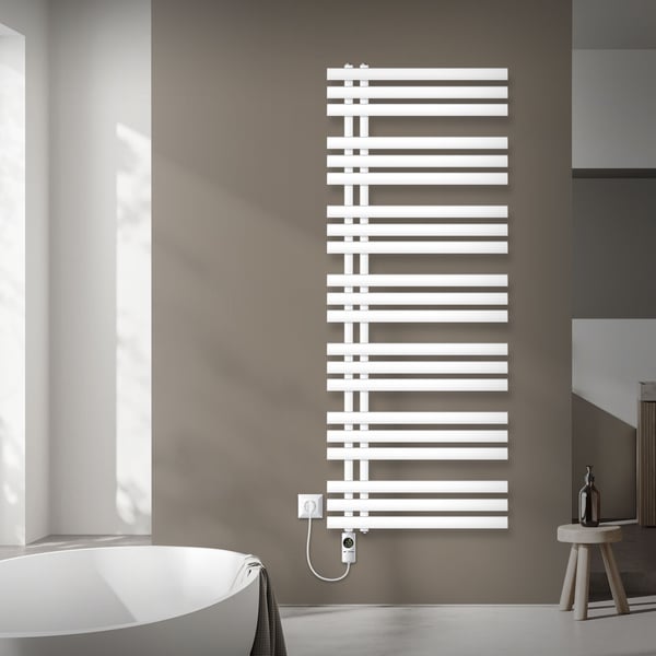 LuxeBath elektrisk badeværelsesradiator Iron EM 600x1600 mm hvid med varmeelement 900W termostat digitalt display, håndklæderadiator med varmepatron,