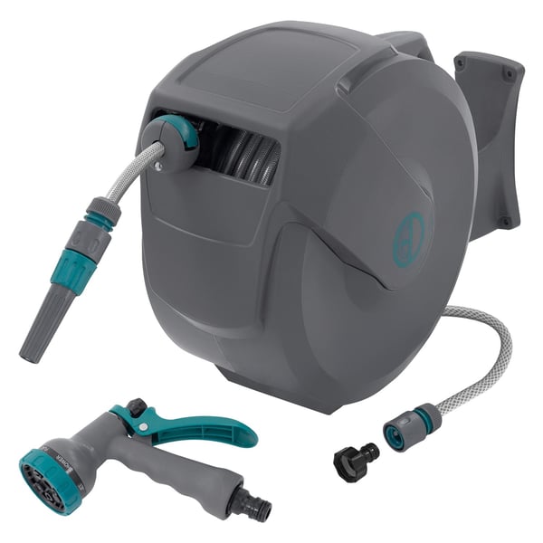 ECD Germany Slangetromle 20m+2m, slangetromle, vægmonteret slangeboks RollUp med låsestop og 9 sprayfunktioner, 180° drejelig, automatisk