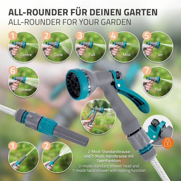 ECD Germany Slangetromle 20m+2m, slangetromle, vægmonteret slangeboks RollUp med låsestop og 9 sprayfunktioner, 180° drejelig, automatisk