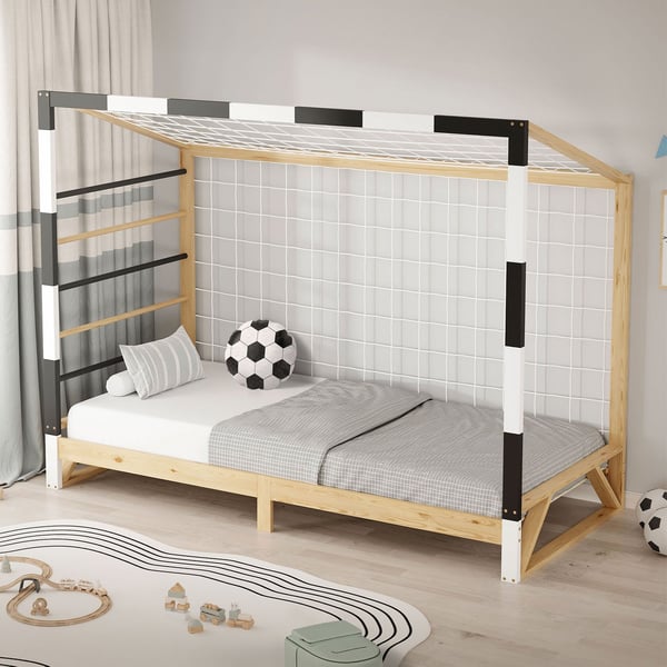 ML-Design børneseng fodboldmål 90x200 cm, træseng med lamelbund, klatrestige &amp; net, ungdomsseng af fyrretræ, enkeltseng til børn, sengeramme til