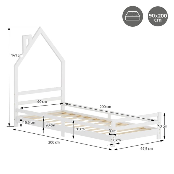 ML-Design børneseng hus 90x200 cm, hvid, husseng til børn, træseng med lamelbund, skorstensdesign, ungdomsseng af massivt fyrretræ, sengeramme til