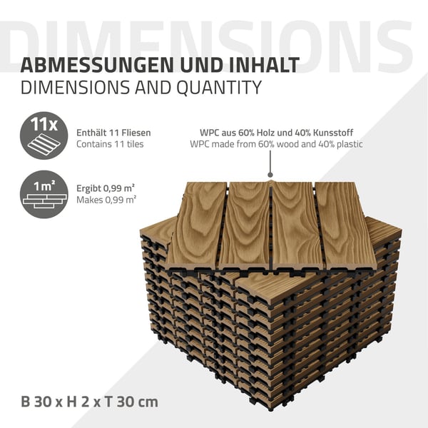 ECD Germany WPC terrassefliser 30x30 cm/11 stk=1m², teak i trælook, gulvbelægning med kliksystem og afløb, terrassebelægning altanfliser træfliser,