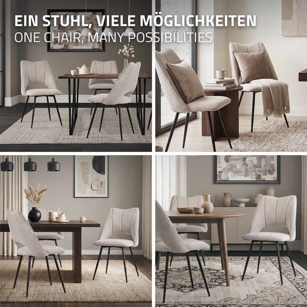 ML-Design matsalsstolar set om 4 beige, vardagsrumsstolar i tyg med svarta metallben, köksstolar med ryggstöd, stoppade stolar för matsal vardagsrum