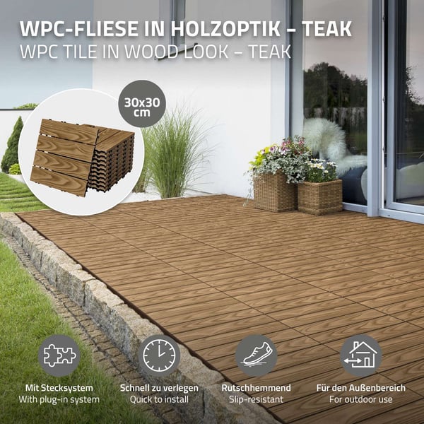 ECD Germany WPC terrassefliser 30x30 cm/22 stk=2m², teak i trælook, gulvbelægning med kliksystem og afløb, terrassebelægning altanfliser træfliser,