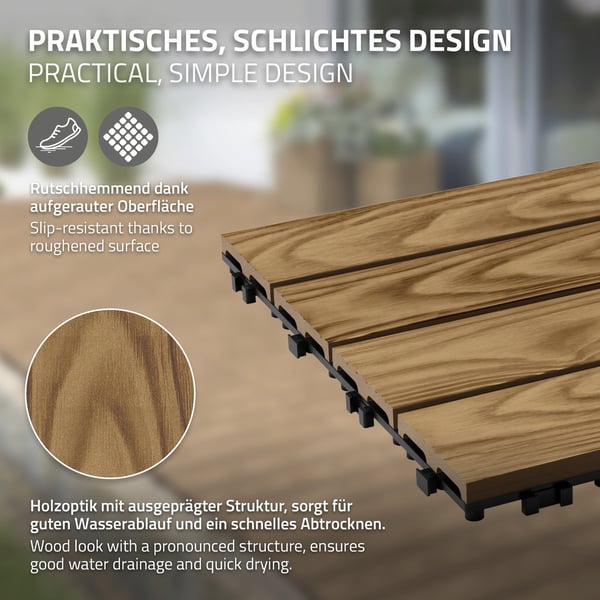 ECD Germany WPC terrassefliser 30x30 cm/22 stk=2m², teak i trælook, gulvbelægning med kliksystem og afløb, terrassebelægning altanfliser træfliser,