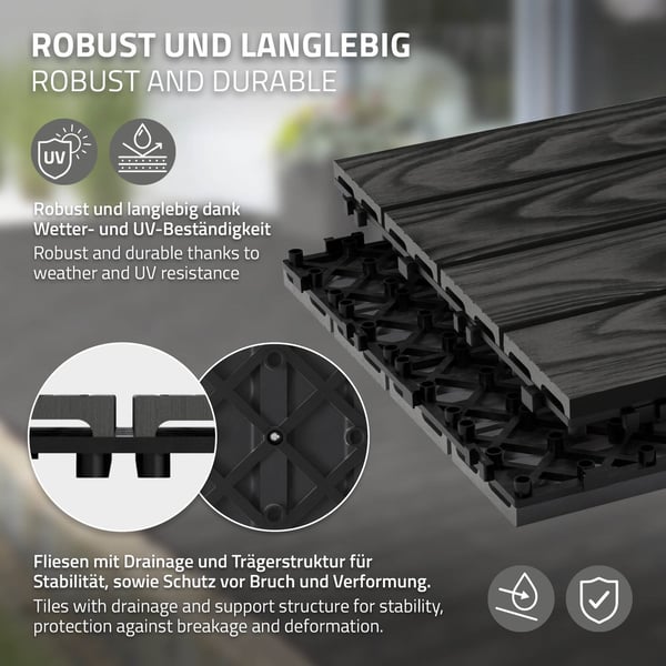 ECD Germany WPC terrassefliser 30x30 cm/44 stk=4m² antracit, trælook, gulvbelægning med kliksystem og afløb, terrassebelægning altanfliser træfliser,