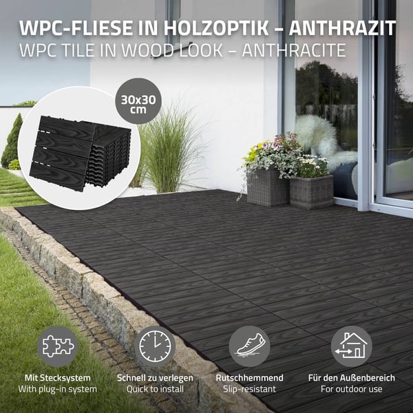 ECD Germany WPC terrassefliser 30x30 cm/44 stk=4m² antracit, trælook, gulvbelægning med kliksystem og afløb, terrassebelægning altanfliser træfliser,