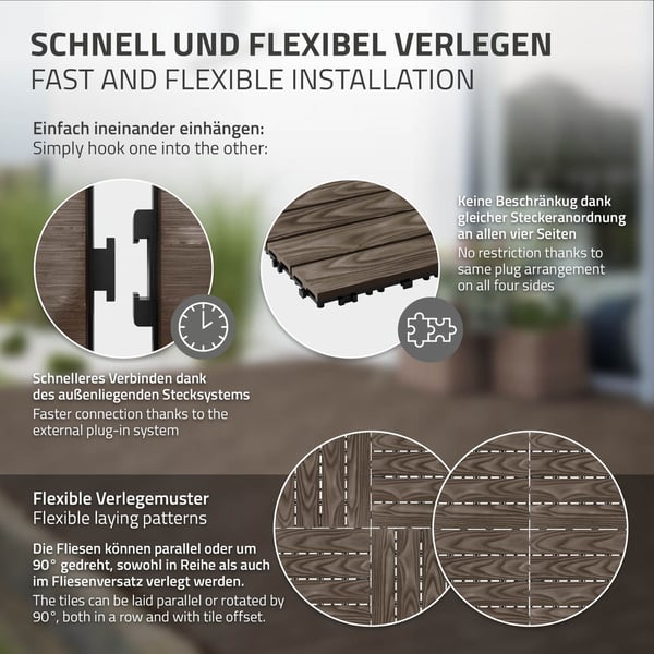 ECD Germany WPC terrassefliser 30x30 cm/55 stk=5m², mørkebrunt trælook, gulvbelægning med kliksystem &amp; afløb, terrassebelægning altanfliser