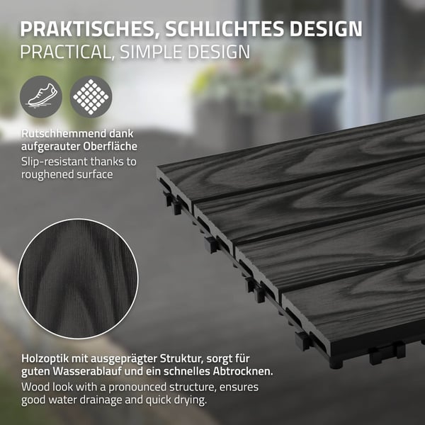 ECD Germany WPC terrassefliser 30x30 cm/33 stk=3m² antracit, trælook, gulvbelægning med kliksystem og afløb, terrassebelægning altanfliser træfliser,