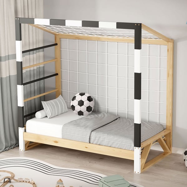 ML-Design lasten sänky jalkapallomaali 70x140 cm, puinen sänky, jossa on ristikkorunko, kiipeilytikkaat ja verkko, nuorten sänky männystä, yhden