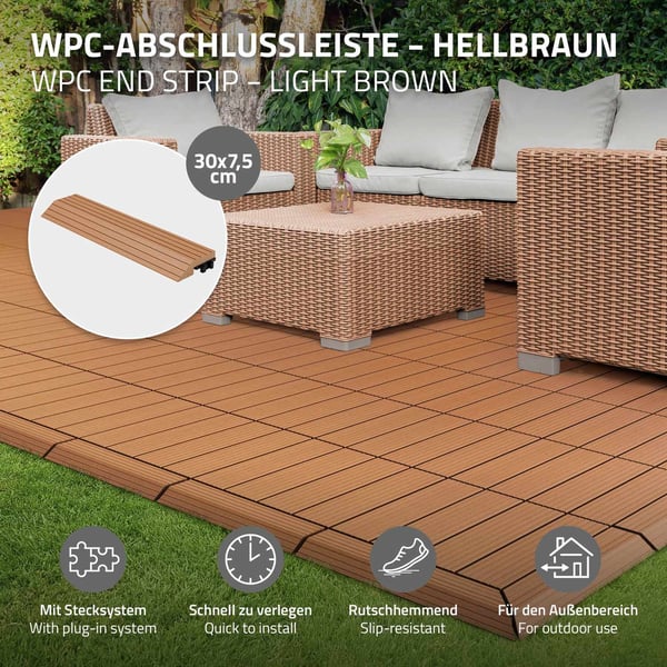 ML-Design WPC-reunanauha suora vaaleanruskea terassilaatoille, 30x2x7,5 cm, puun näköinen, WPC-laattojen reunanauha kylkikaistale, jossa on