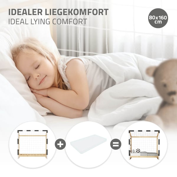 ML-Design børneseng fodboldmål 80x160 cm, træseng med lamelbund, klatrestige &amp; net, ungdomsseng af fyrretræ, enkeltseng til børn, sengeramme til