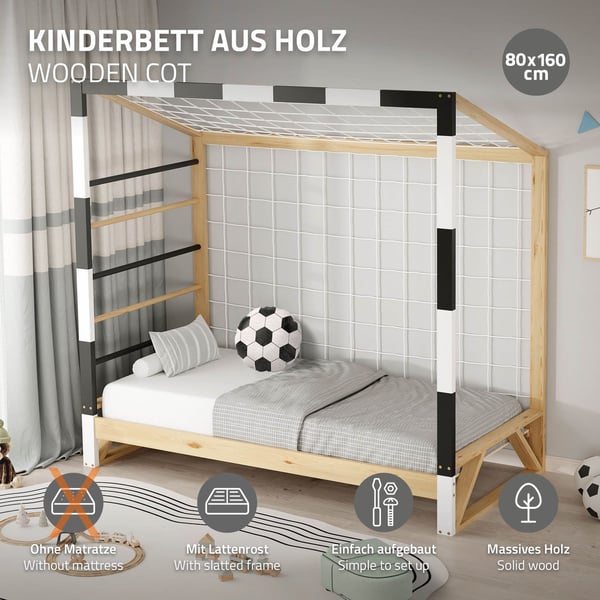 ML-Design børneseng fodboldmål 80x160 cm, træseng med lamelbund, klatrestige &amp; net, ungdomsseng af fyrretræ, enkeltseng til børn, sengeramme til