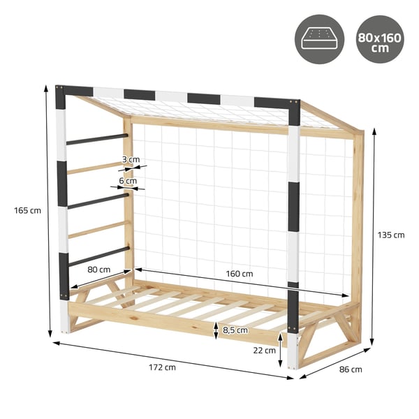 ML-Design børneseng fodboldmål 80x160 cm, træseng med lamelbund, klatrestige &amp; net, ungdomsseng af fyrretræ, enkeltseng til børn, sengeramme til