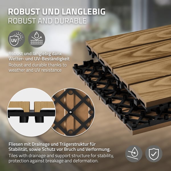 ECD Germany WPC terrassefliser 30x30 cm/55 stk=5m², teak i trælook, gulvbelægning med kliksystem og afløb, terrassebelægning altanfliser træfliser,