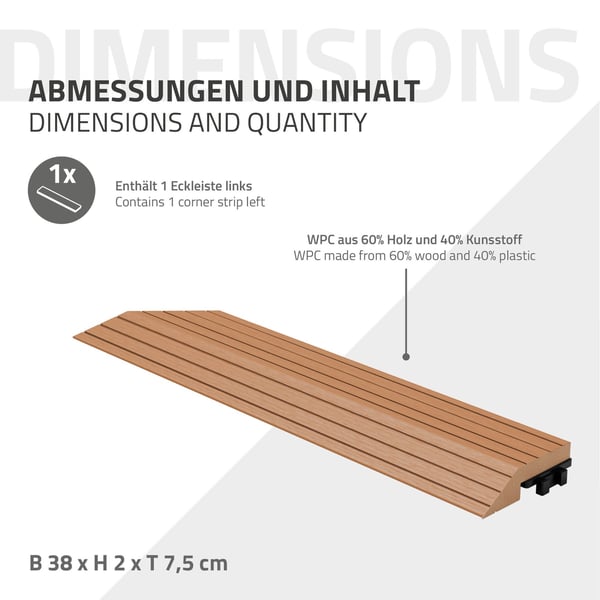 ML-Design WPC reunanauha kulma vasen vaaleanruskea terassilaatoille, 38x2x7,5 cm, puun näköinen, aaltopahvin muotoinen kulmanauha salaojituksella ja