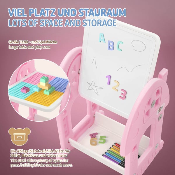 Joyz 2in1 tavlebord med børneskammel, pink og hvid, børnetavle med stol, byggeklodstavle/magnetisk whiteboard, børnestafet med hylde, legetavle,