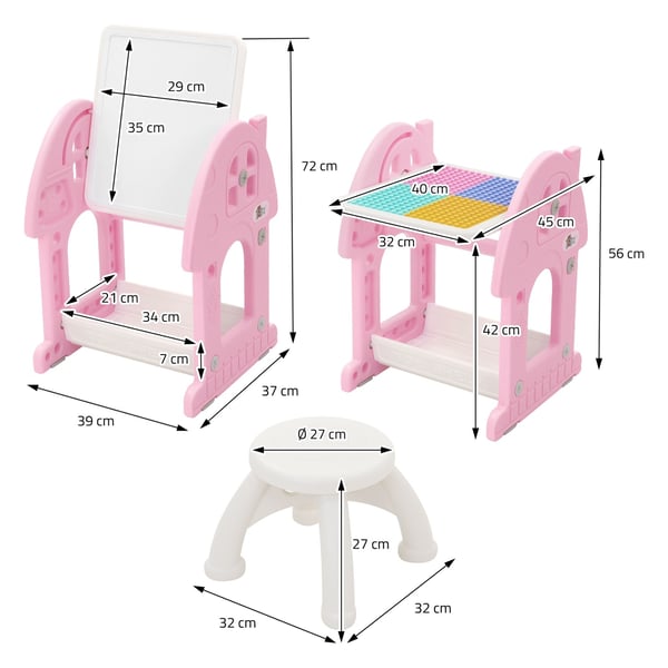Joyz 2in1 tavlebord med børneskammel, pink og hvid, børnetavle med stol, byggeklodstavle/magnetisk whiteboard, børnestafet med hylde, legetavle,