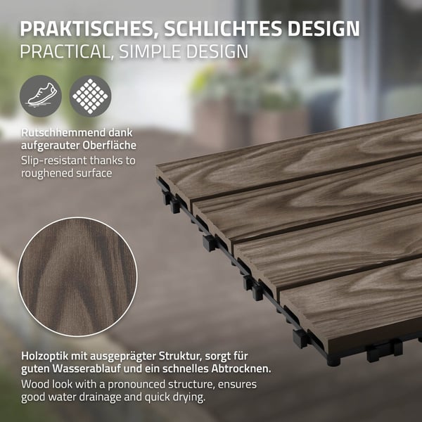 ECD Germany WPC terrassefliser 30x30 cm/44 stk=4m², mørkebrunt trælook, gulvbelægning med kliksystem &amp; afløb, terrassebelægning altanfliser