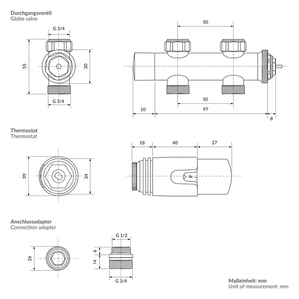 LuxeBath ventilarmatursæt Multiblock sort gennemgående form Rør fra gulvet inkl. termostat til badeværelsesradiatorer med centertilslutning