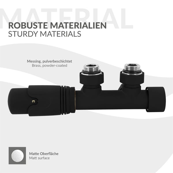 LuxeBath ventilarmatursæt Multiblock Black Hjørneform Rør fra væg med termostathoved til badeværelsesradiatorer Centertilslutning Tilslutningssæt