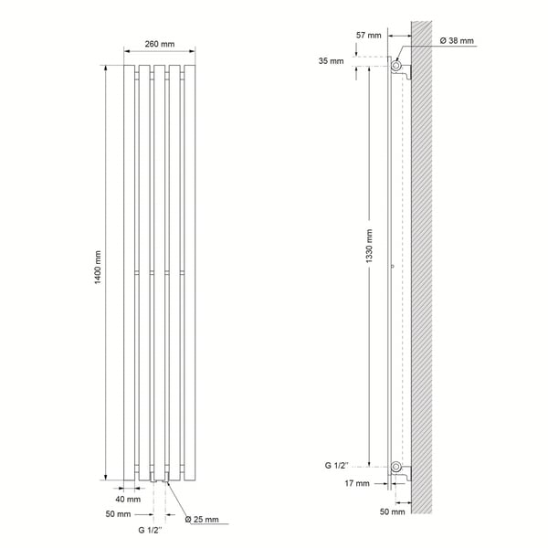 ECD Germany Stella design panel radiator - 260 x 1400 mm - hvid - radiator håndklædevarmer håndklædetørrer badeværelse radiator designer radiator