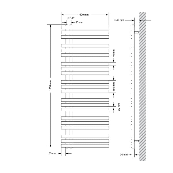 ECD Germany Design Håndklæde Iron EM - 600 x 1600 mm - Hvid - radiator håndklædevarmer Håndklæde Eck