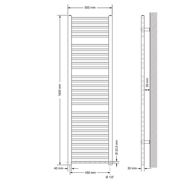 ECD Germany Håndklæde - 500 x 1800 mm - antracit - især med sidetilslutning - radiator håndklædevarmer håndklæde