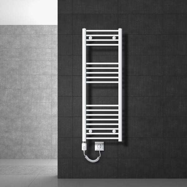 Opvarmet håndklæde radiator med opvarmning element 900 W ECD Germany Model Sahara 400 x 1200 mm hvid lige sidetilslutning håndklædeholder