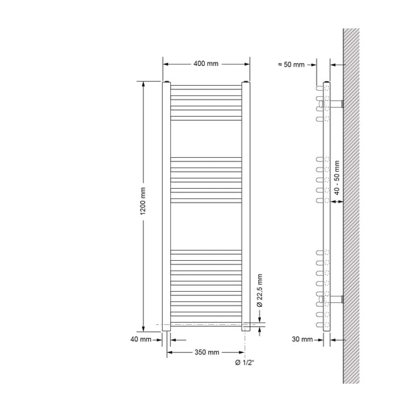Handduks radiator med värmeelement 900 W ECD Germany Modell Sahara 400 x 1200 mm krom böjd sidoanslutning handdukshängare