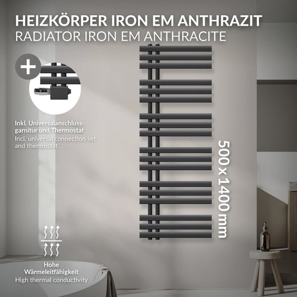 ECD Germany Design Handduk Iron EM - 500 x 1400 mm - antracit - radiator handdukstork