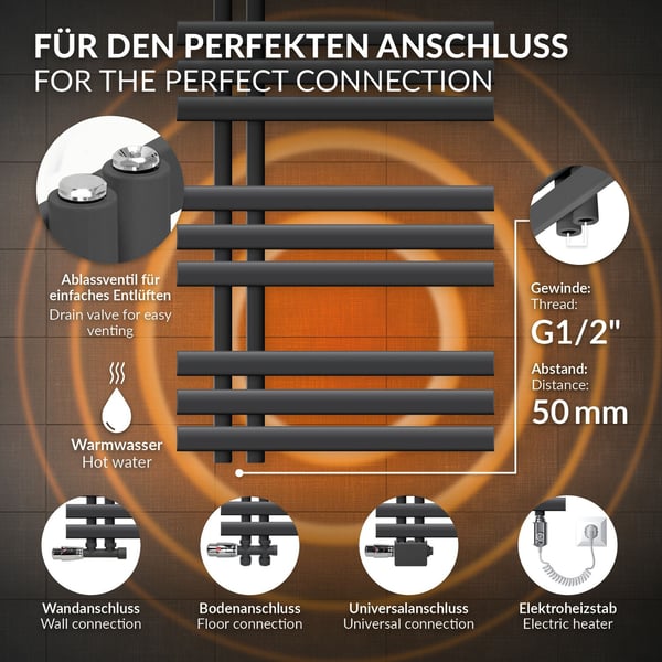 ECD Germany Design Håndklæde Iron EM - 600 x 1000 mm - antracit - radiator håndklædevarmer håndklædeholder passage