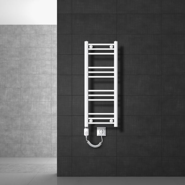 Opvarmet håndklæde radiator med opvarmning element 600 W ECD Germany Model Sahara 300 x 800 mm hvid lige sidetilslutning håndklædeholder