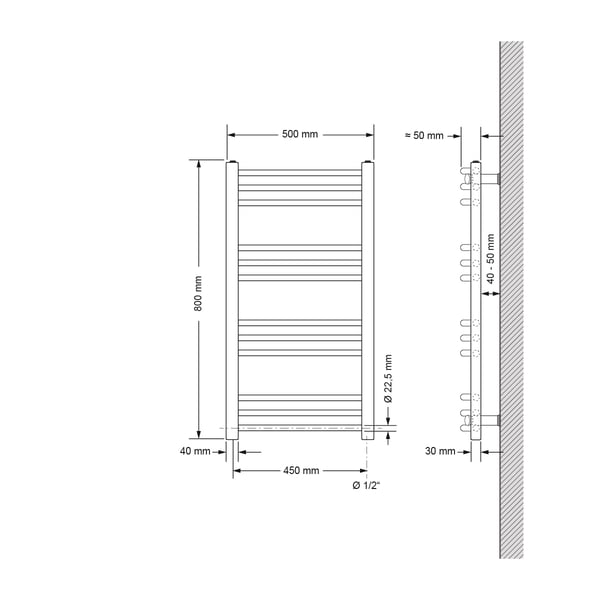 Håndklæderadiator med opvarmning element 300 W ECD Germany model Sahara 500 x 800 mm chrome bøjet side port håndklædeholder